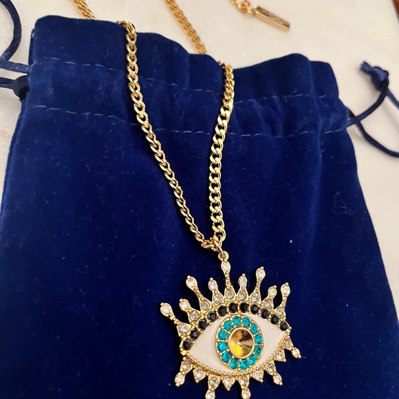 Kurt Geiger Gold & Teal Eye Pendant Necklace (Like New But Missing Enamel Pupil) - Picture 5 of 8